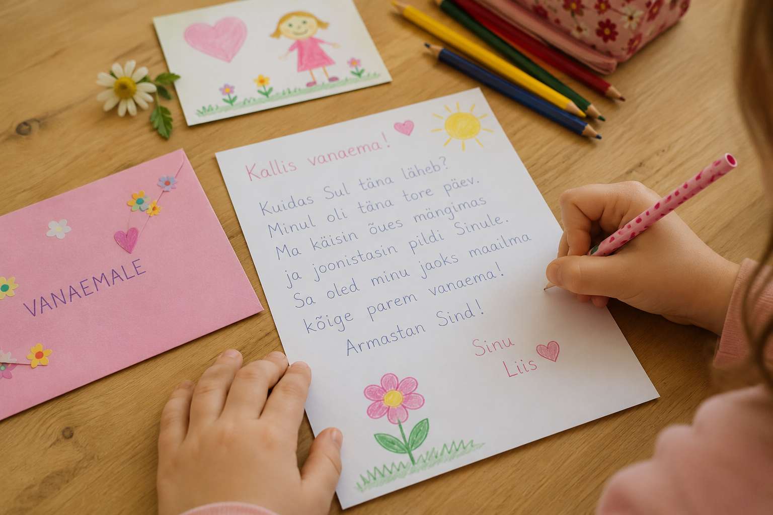 laps kirjutab laua taga oma käega kirja vanaemale