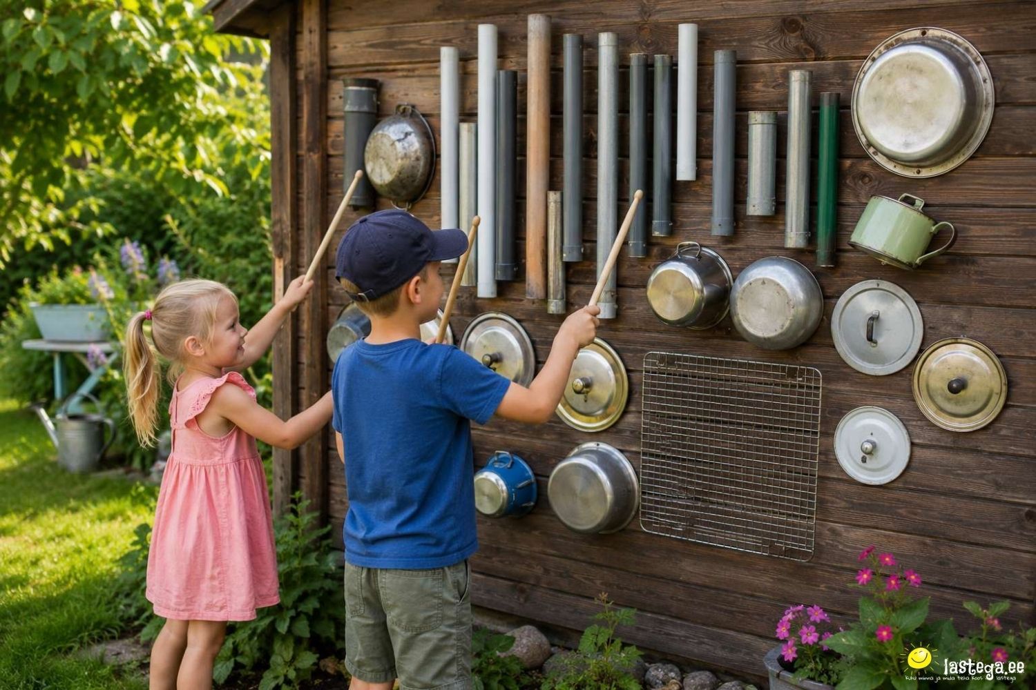 Lapsed mängivad puupulkadega kodustest esemetest tehtud heliseinal.