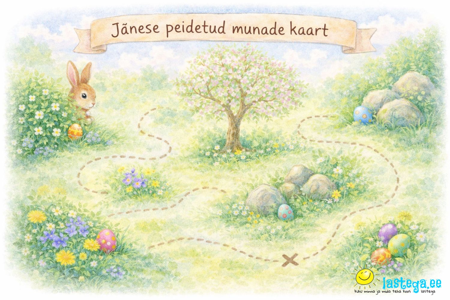 Illustratsioon pühadejänese peidetud munade aardejahi kaardist kevadises aias