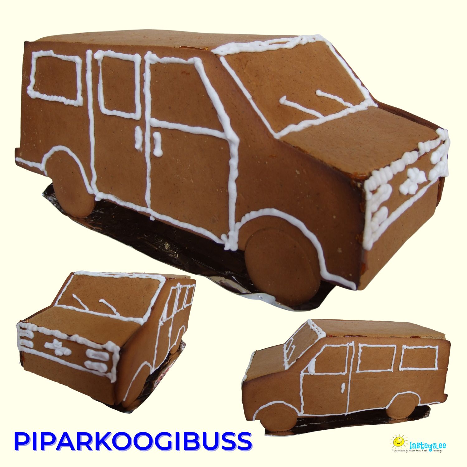 Piparkoogibuss - loominguline piparkoogiprojekt lastele. @Lastega.ee Piparkoogitainast välja lõigatud ja glasuuriga kaunistatud Ameerika minibussi kujuline "piparkoogimaja". @Lastega.ee