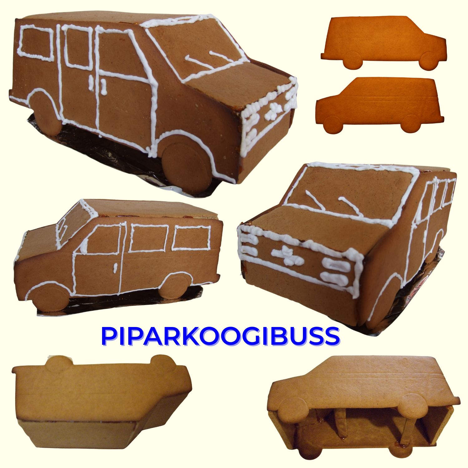 Piparkoogibuss - loominguline piparkoogiprojekt lastele. @Lastega.ee Piparkoogitainast välja lõigatud ja glasuuriga kaunistatud Ameerika minibussi kujuline "piparkoogimaja". @Lastega.ee