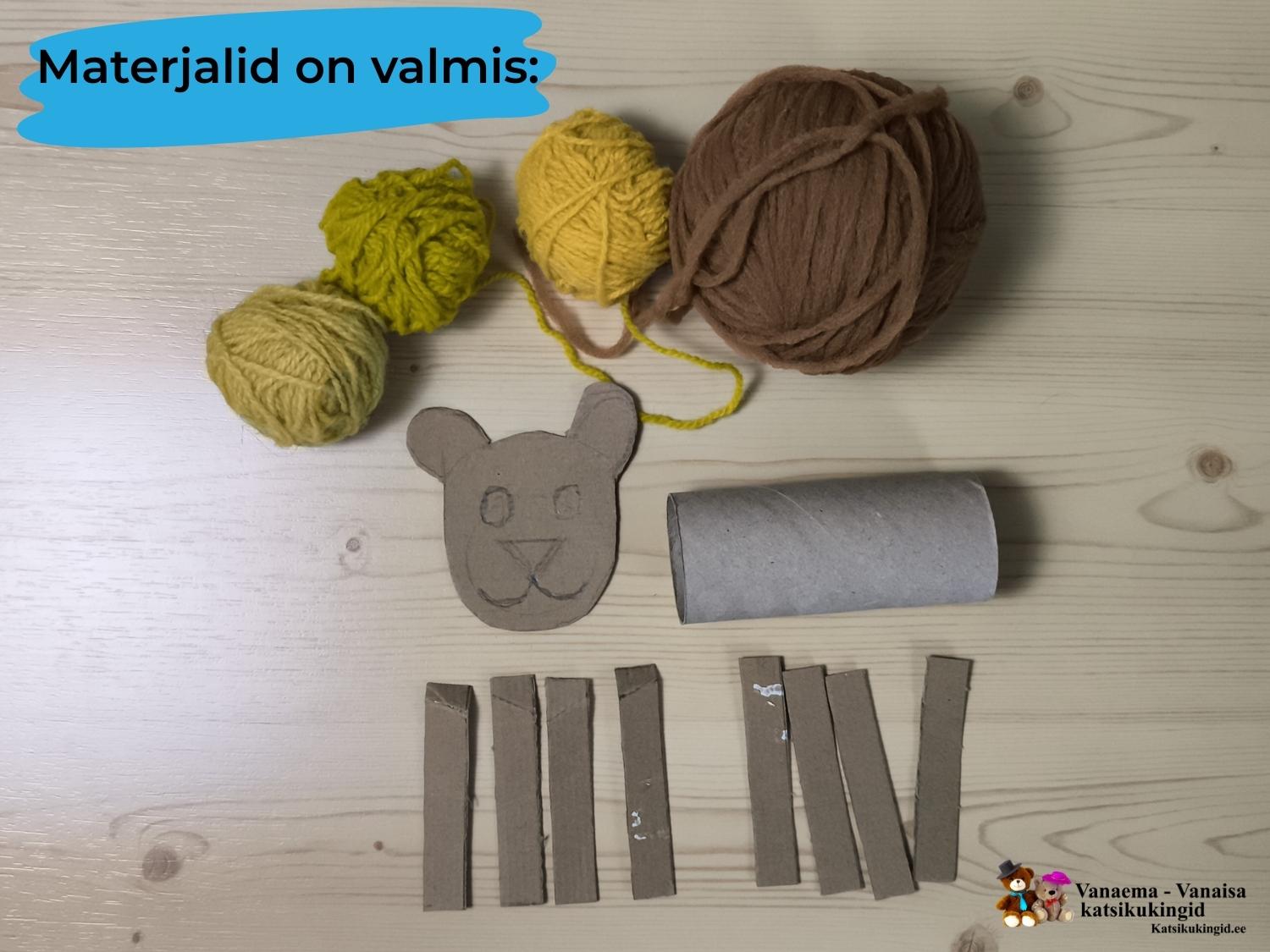 WC paberirullist lõvi tegemise protsess - materjalid on ootel.