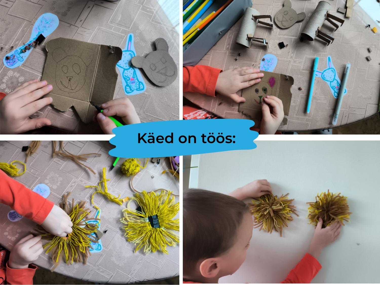 WC paberirullist lõvi tegemise protsess - käed on töös.