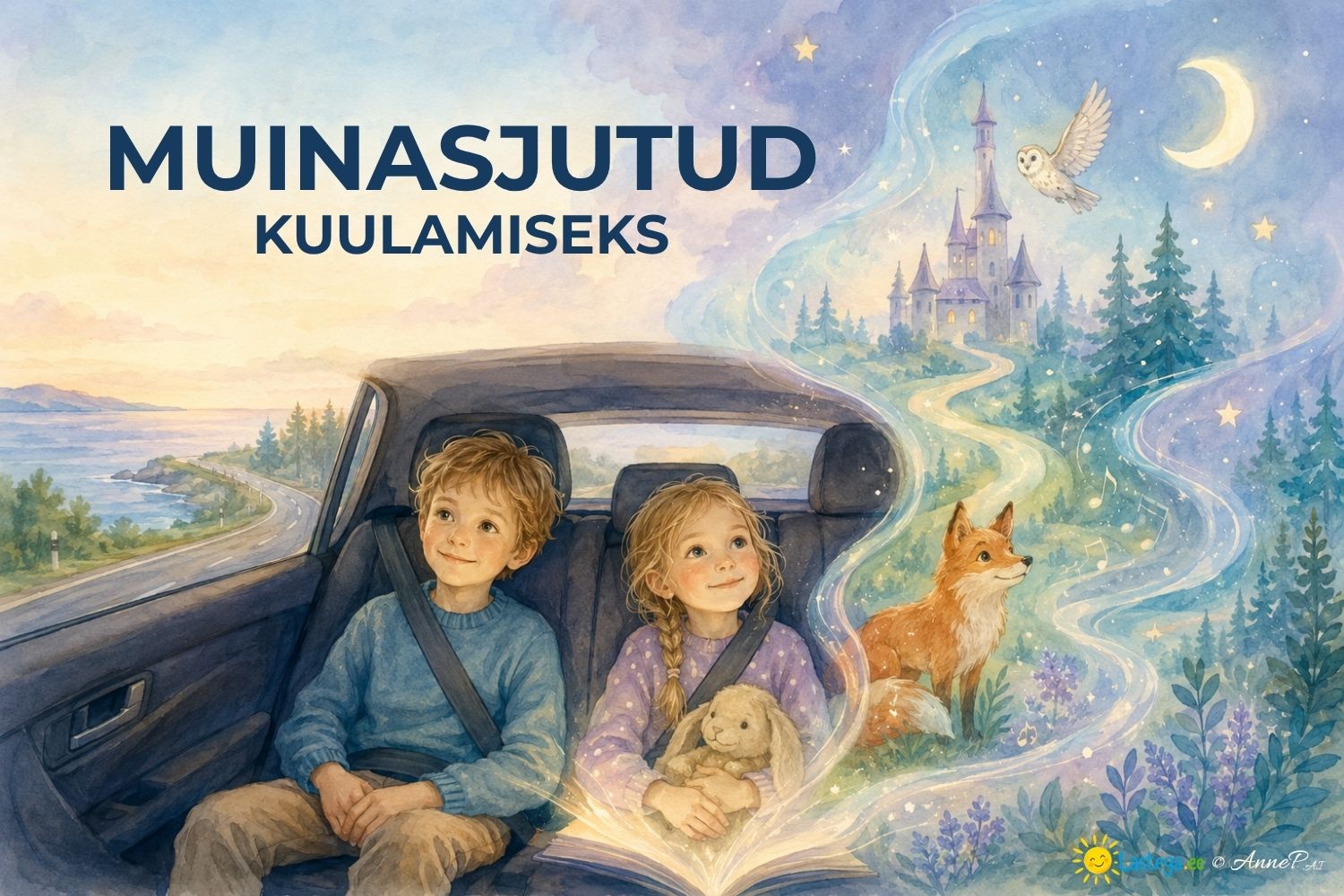 Turvavööga lapsed kuulavad autos muinasjuttu ja kujutlevad võlumetsa, lossi ning muinasjututegelasi