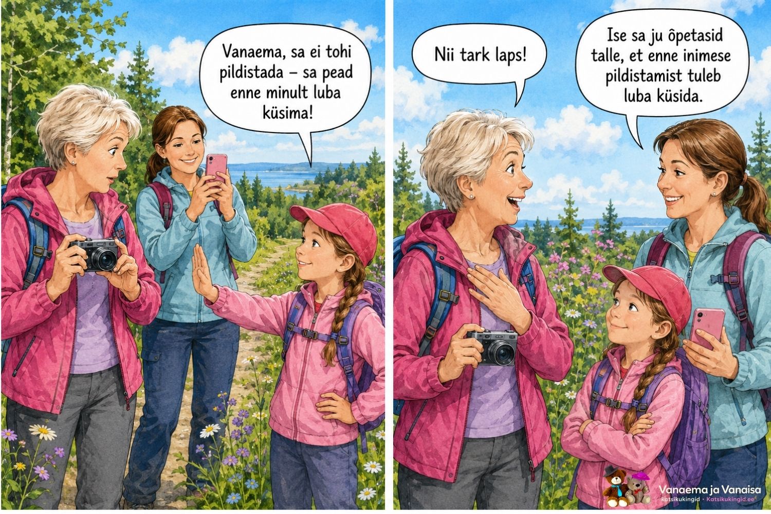 Loodusmatkal olev 8-aastane tüdruk palub vanaemal enne pildistamist temalt luba küsida.