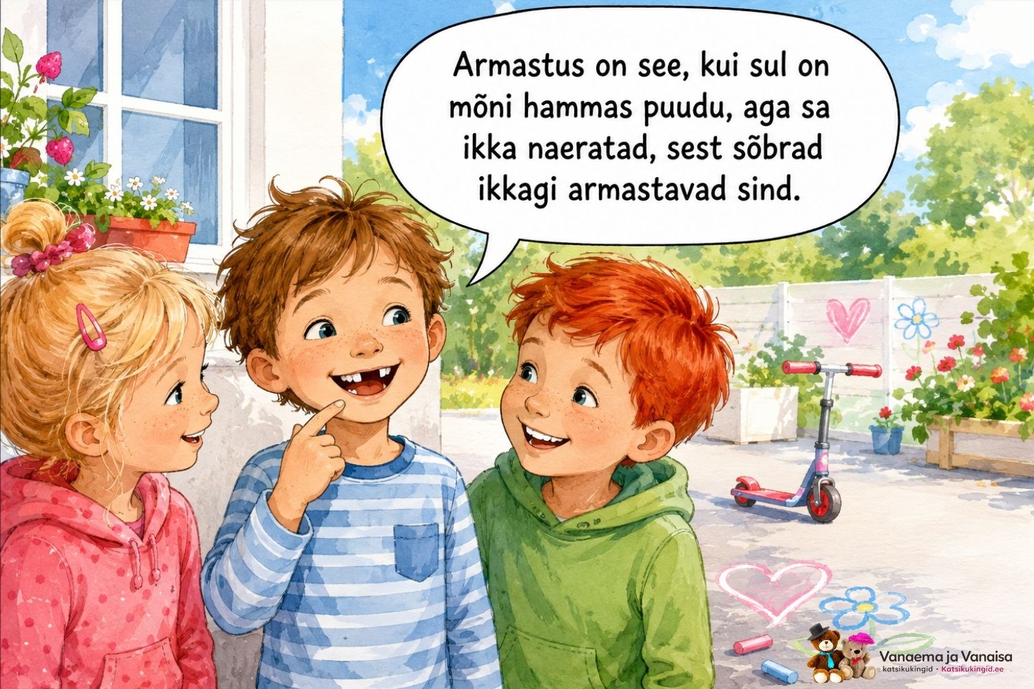 Puuduva piimahambaga laps naeratab kahe sõbra keskel ja selgitab, mis on armastus.