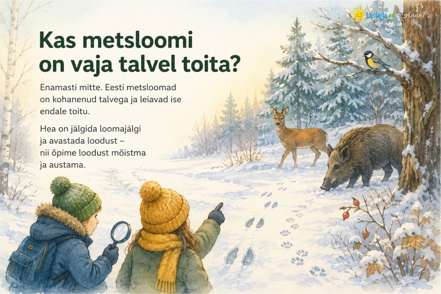 Kas metsloomi on vaja talvel toita? Lapsed uurivad talvises metsas loomajälgi Talvises metsas uurivad kaks last loomajälgi, samal ajal kui läheduses liiguvad metskits ja metssiga. Illustratsioon selgitab, et Eesti metsloomi ei ole tavaliselt vaja talvel toita.
