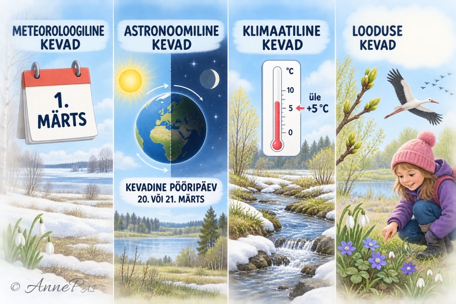 Illustratsioon kevade neljast algusest: meteoroloogiline, astronoomiline, klimaatiline ja looduse kevad.