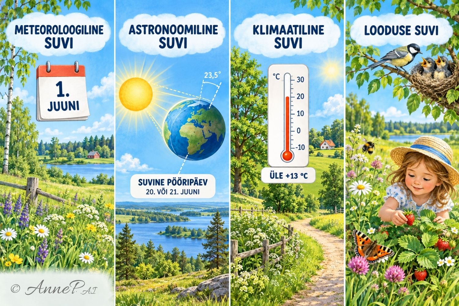 Illustratsioon suve neljast algusest: meteoroloogiline, astronoomiline, klimaatiline ja looduse suvi.