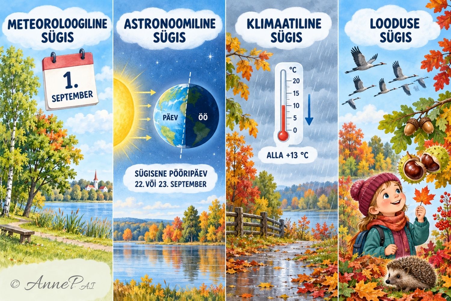 Illustratsioon sügise neljast algusest: meteoroloogiline, astronoomiline, klimaatiline ja looduse sügis.