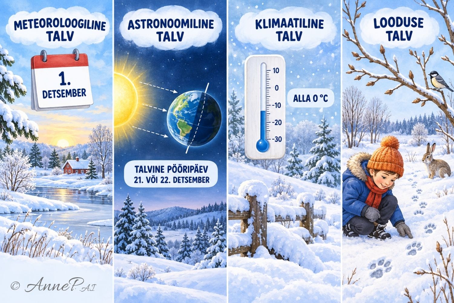 Illustratsioon talve neljast algusest: meteoroloogiline, astronoomiline, klimaatiline ja looduse talv.