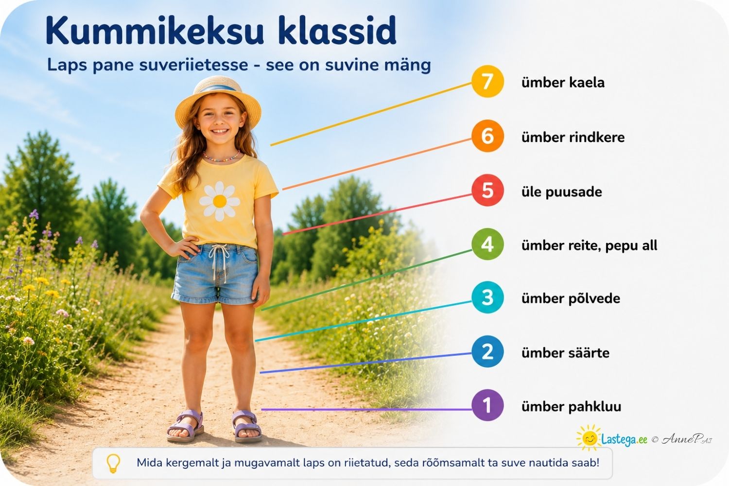 Kummikeksu klassid – kuidas aru saada, millise klassi mängu mängitakse. Tüdruk seisab kummikeksu klasside juhendi juures, mis näitab, kui kõrgele tõsta kummikumm, et mängida vastava klassi mängu.