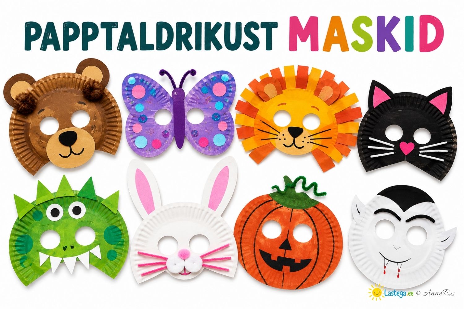 Illustratsioon erinevatest värvilistest karnevalimaskidest lastele valgel taustal.