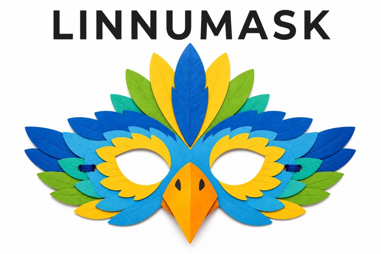 Laste meisterdatud värviline linnumask paberist koos sulgede, kääride, liimi ja meisterdamisvahenditega.