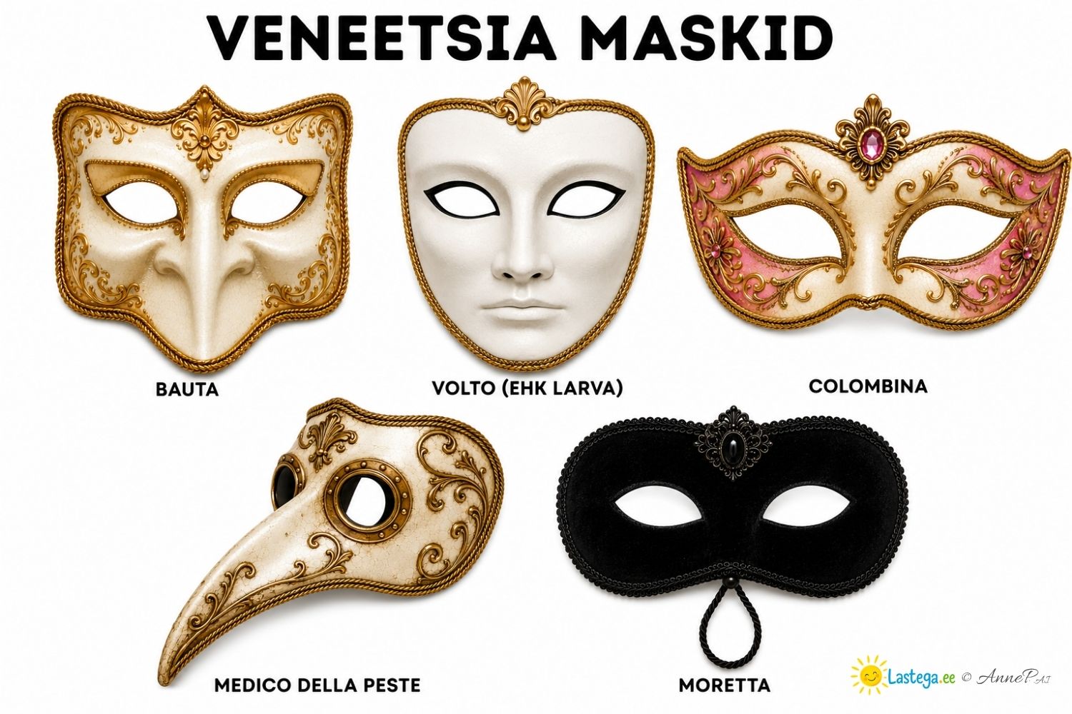 Veneetsia maskide galerii, kus on viis tuntud maskitüüpi: Bauta, Volto (Larva), Colombina, Medico della Peste ja Moretta.