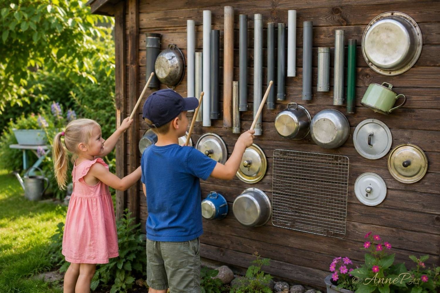 Lapsed mängivad puupulkadega kodustest esemetest tehtud heliseinal.