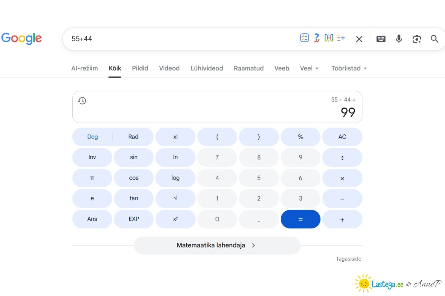 Google’i otsingusse sisestatud tehe 55 pluss 44 ja kalkulaatori vastus 99