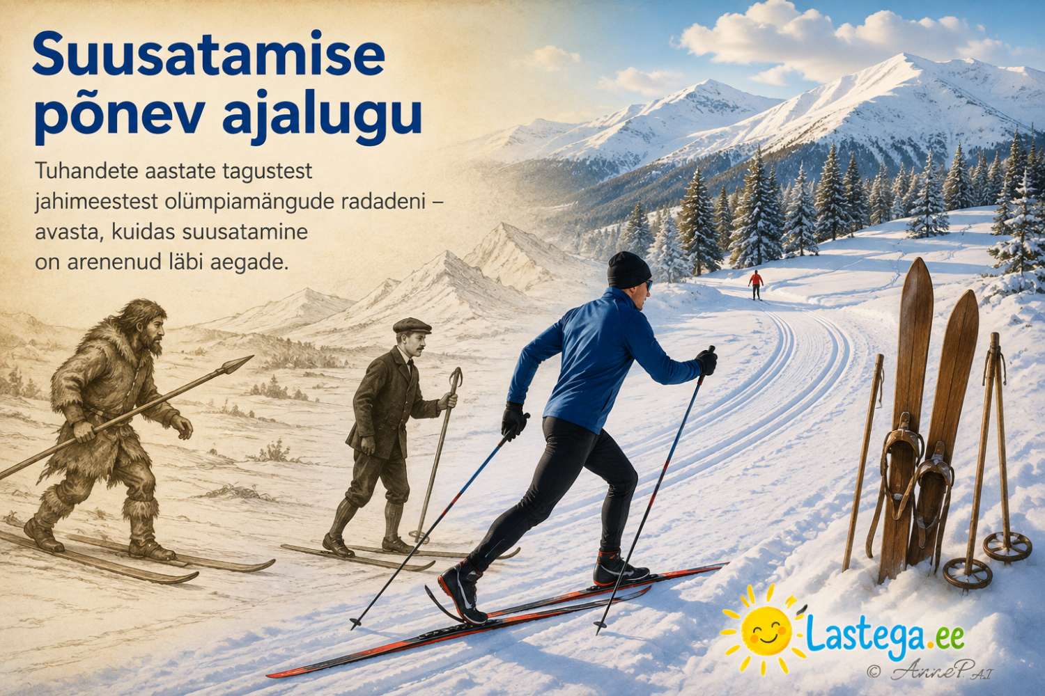 Illustratsioon suusatamise ajaloost eelajaloolistest jahimeestest kuni tänapäeva taliolümpia, suusakuurortide ja talispordini.