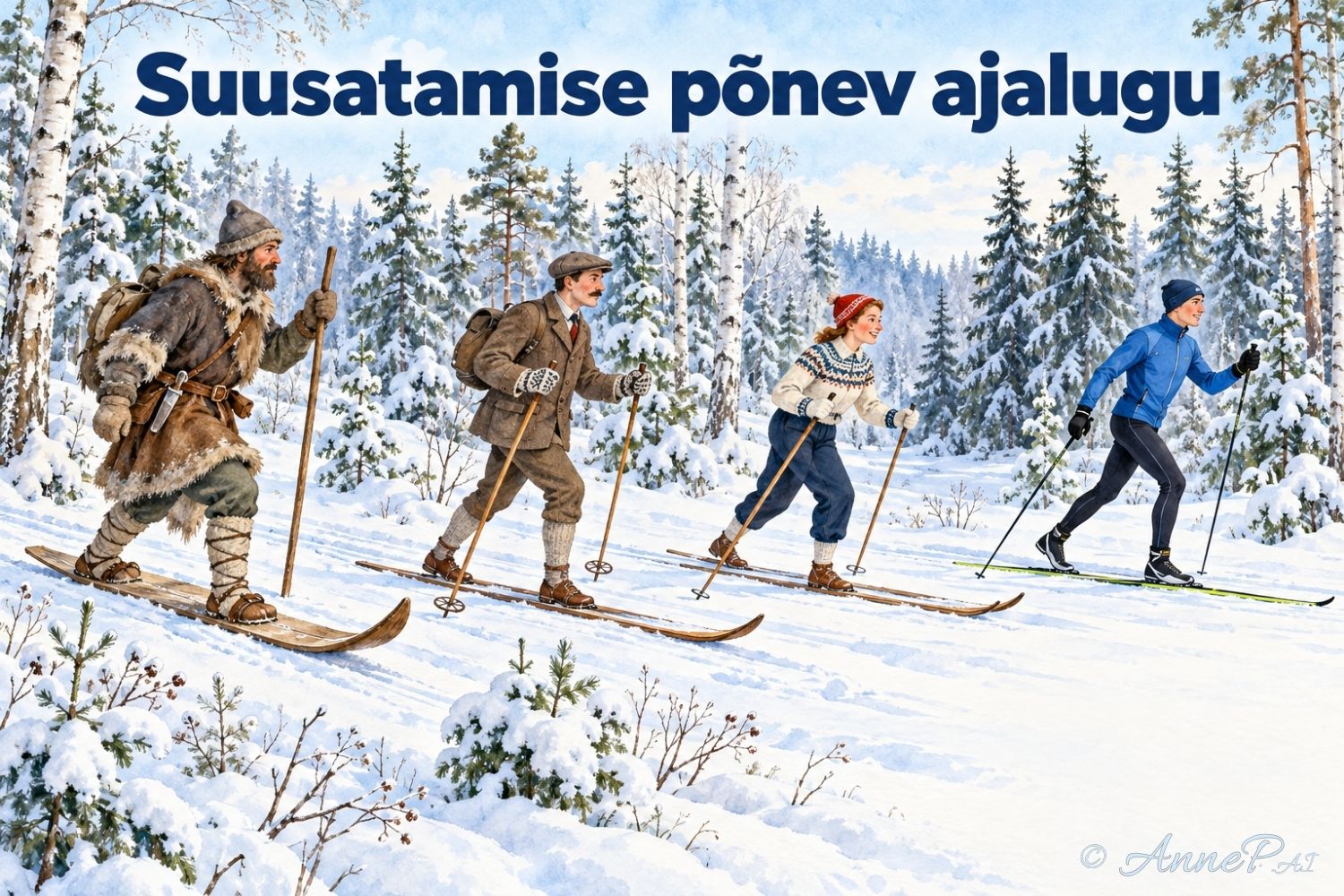 Illustratsioon suusatamise ajaloost eelajaloolistest jahimeestest kuni tänapäeva taliolümpia, suusakuurortide ja talispordini.