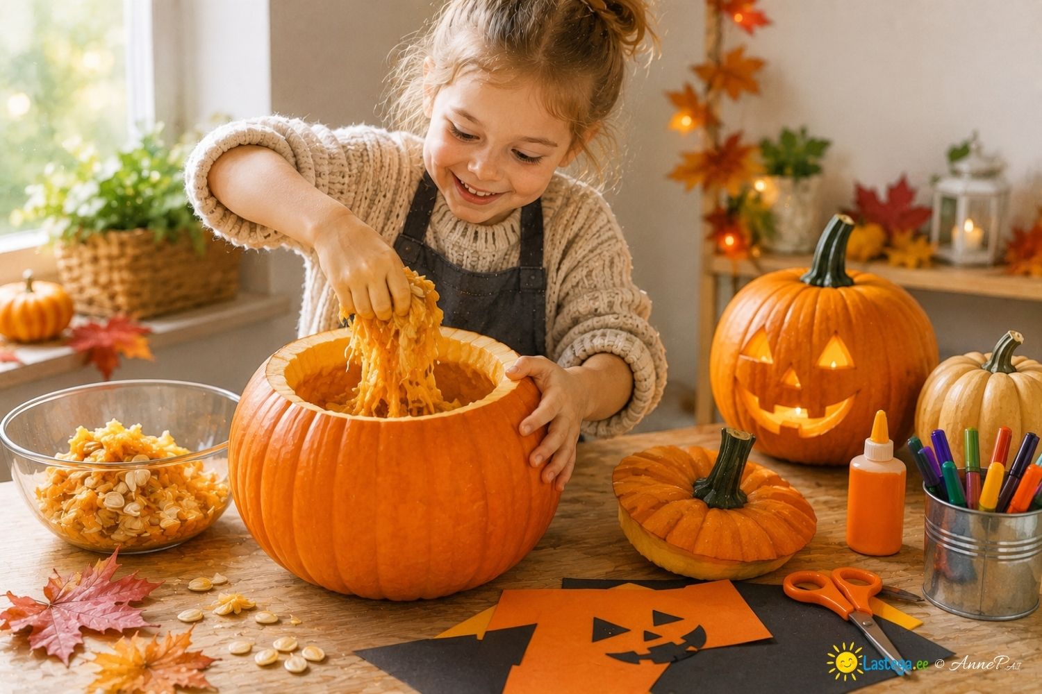 Laps eemaldab lusikaga Halloweeni kõrvitsa sisu enne kõrvitsalaterna valmistamist.