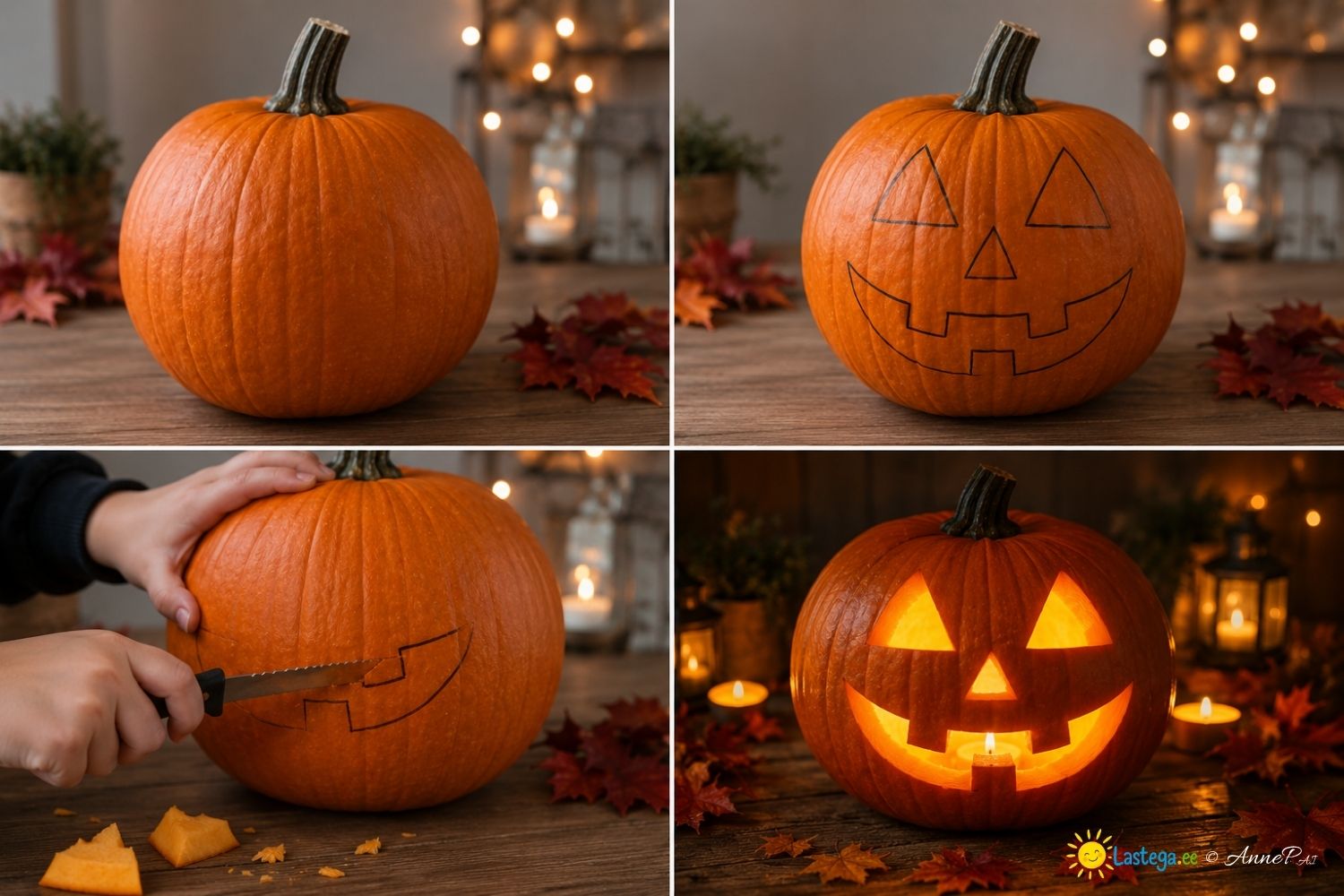 Galerii Halloweeni kõrvitsa uuristamise etappidest: terve kõrvits, peale joonistatud nägu, näo väljalõikamine ja valmis kõrvitsalatern.