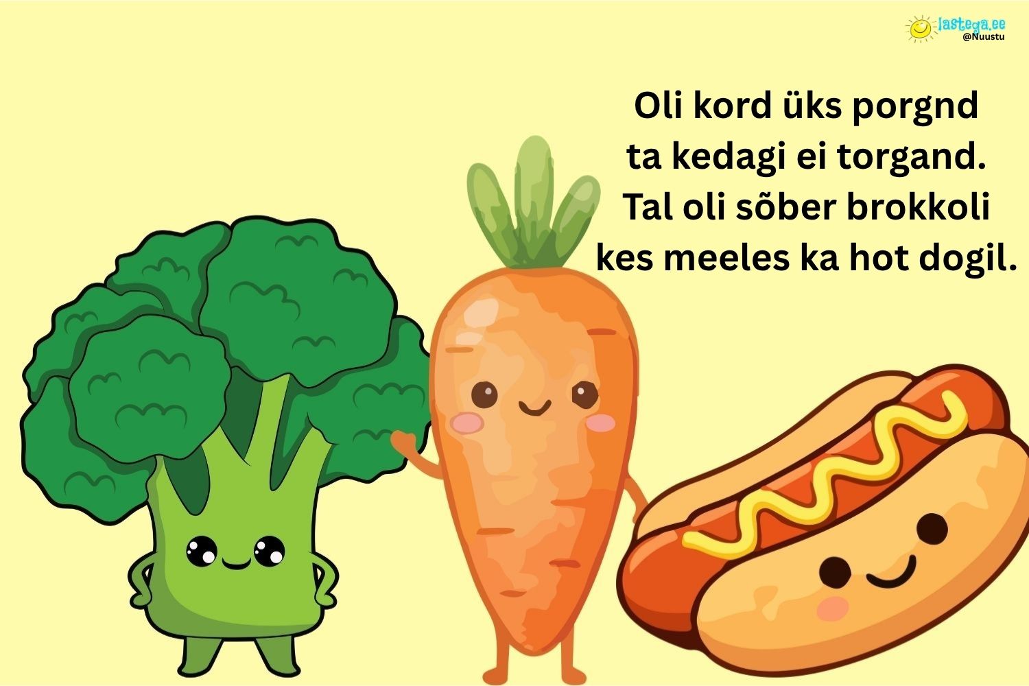 Naeratav porgand ja brokoli seisavad koos hot dogi kõrval ning peavad omavahel lõbusat vestlust.