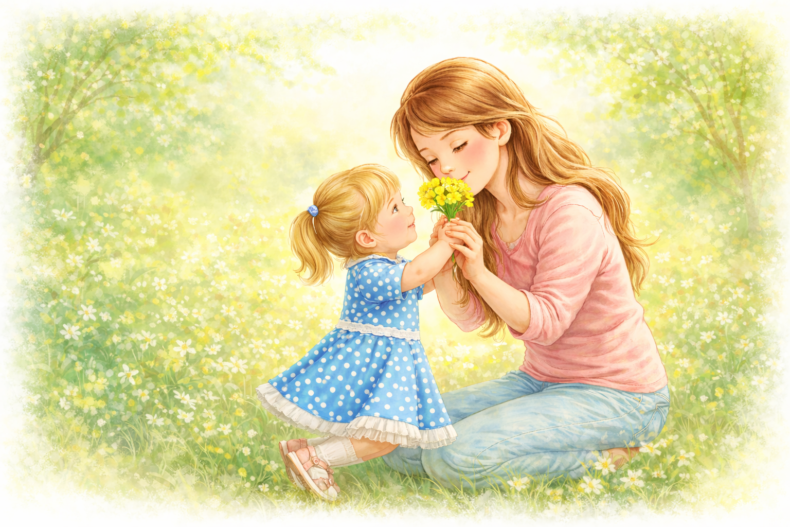 Pastelsetes toonides pildil laps kingib emale lilli.