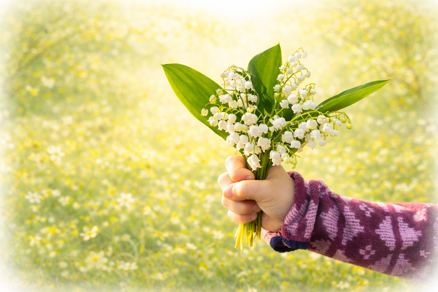 Pastelsetes kevadtoonides pildil on  lapse käsi, mis hoiab maikellukeste kimpu.