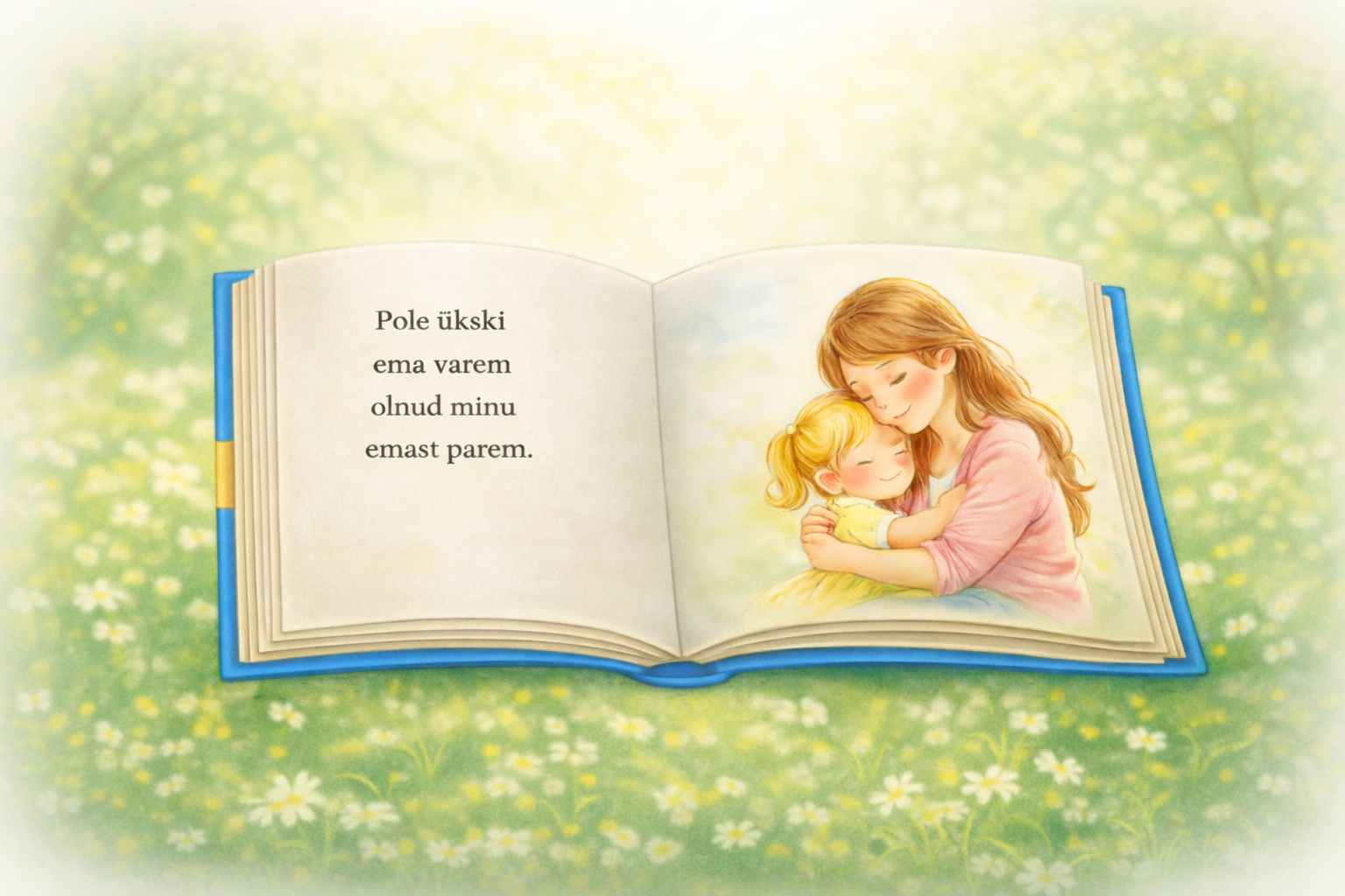 Avatud raamatu ühel lehel on luuletus emale ja teisel lehel ema kallitab last.