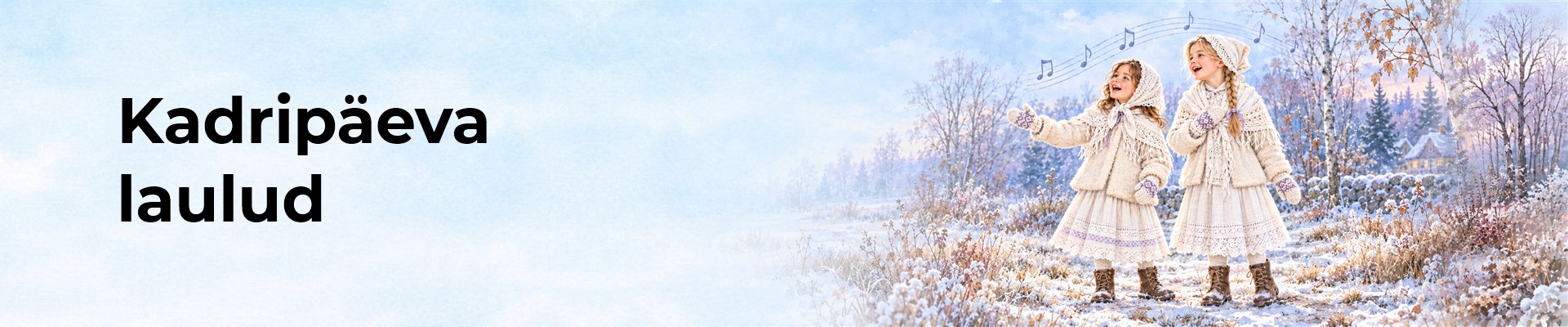 Kaks valgetes kadrirõivastes last laulavad hilissügiseses looduses, nende kohal on õrn noodijoonestik.