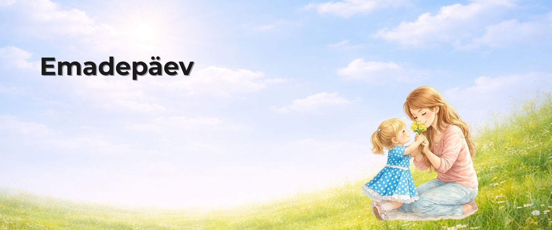 Ema ja väike laps kevadisel niidul – laps ulatab emale lilli emadepäeva puhul