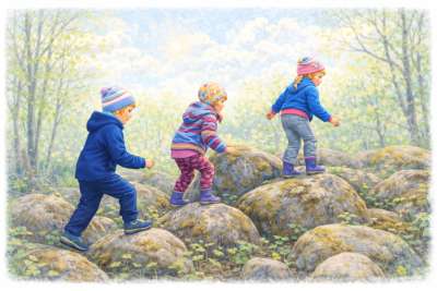 Kolm last ronivad kevadises looduses kivide peal.