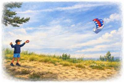 Laps lennutab kevadisel rannal tuulelohet.