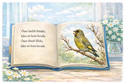 Avatud raamatus on kevadine luuletus ja oksal istuv lind.