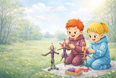 Kaks last meisterdavad kevadises õues loodusmaterjalidest väikseid oksanukke.