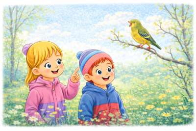 Kaks last vaatavad kevadises looduses oksal istuvat lindu.