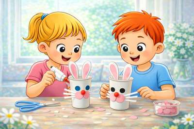 Kaks last meisterdavad toas joogitopsidest jäneseid munadepühade käsitööks