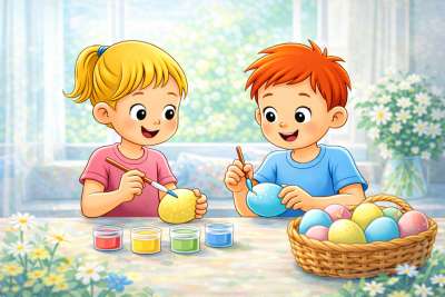 Kaks last värvivad laua taga munapühade mune ja nende kõrval on värvitopsid ning korv munadega.