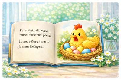 Avatud raamatus on luuletus ja pildil kana munadega pesas.