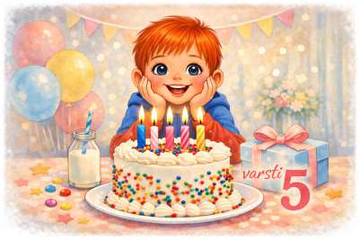 Poiss tähistab viiendat sünnipäeva tordi ja küünaldega, ümberringi õhupallid ja kingitus.