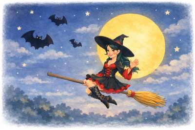 Nõid lendab luuaga täiskuu ees öises taevas.