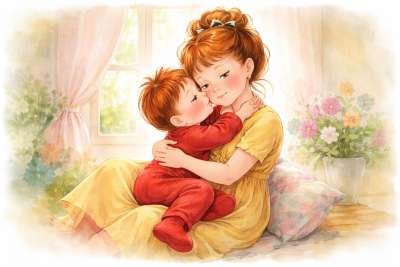 Ema kallistab väikest last hubases toas emadepäeva meeleolus.