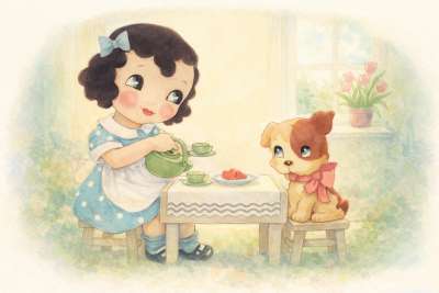 Pastelsetes toonides pilt, kirjeldab mängu, kus tüdruk pakub laua taga oma mängukutsule teed.