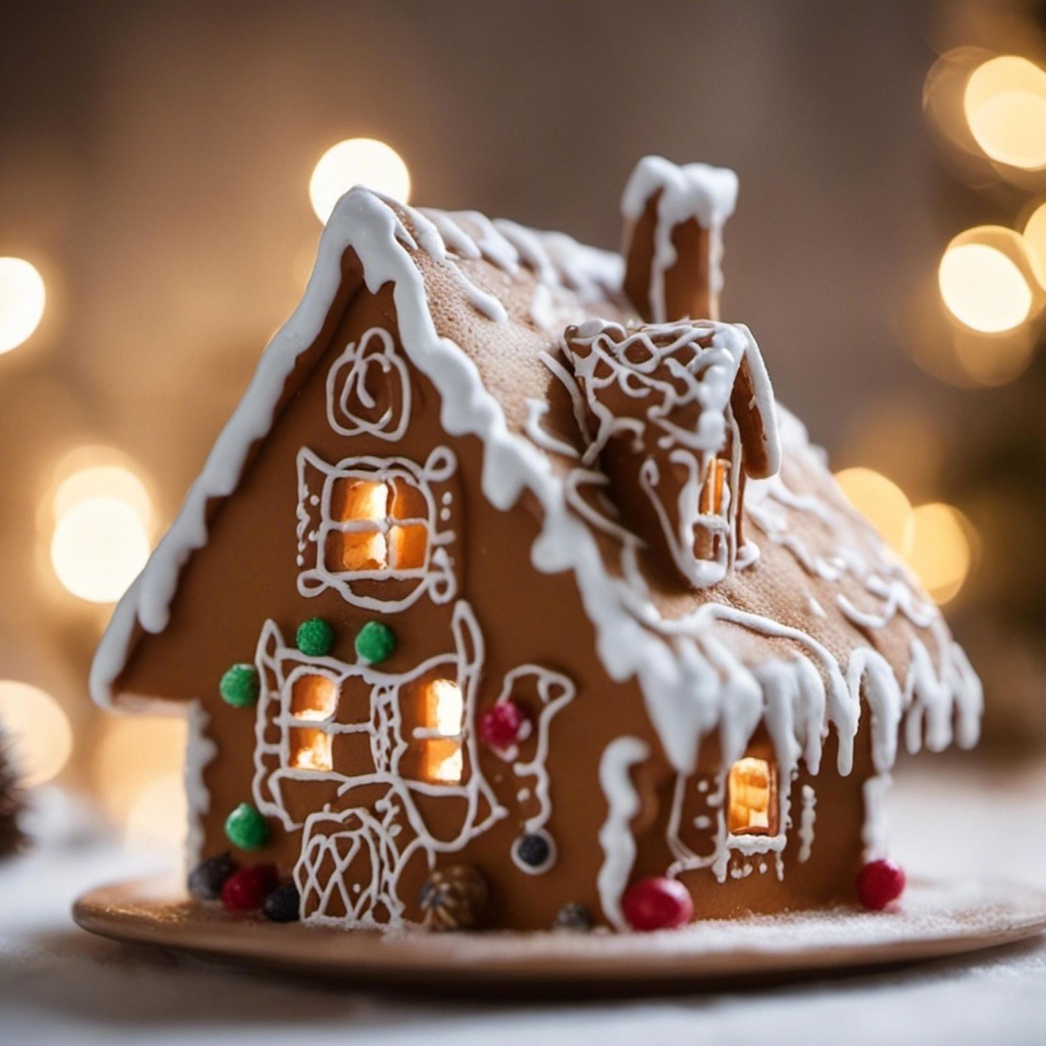 Magusate detailidega piparkoogimaja, mille katusel on lumine glasuur ja akendes soe küünlavalgus