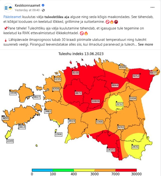 Keskkonnaamet teavitab: Päästeamet kuulutas välja tuleohtliku  aja alguse. 2023.06.14
