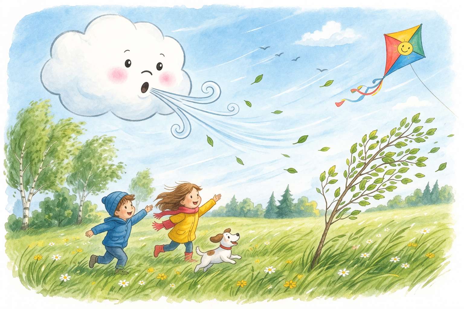 Rõõmus pilv puhub tuult üle heinamaa, kus lapsed lennutavad tuulelohet ja puud kõiguvad tuules.