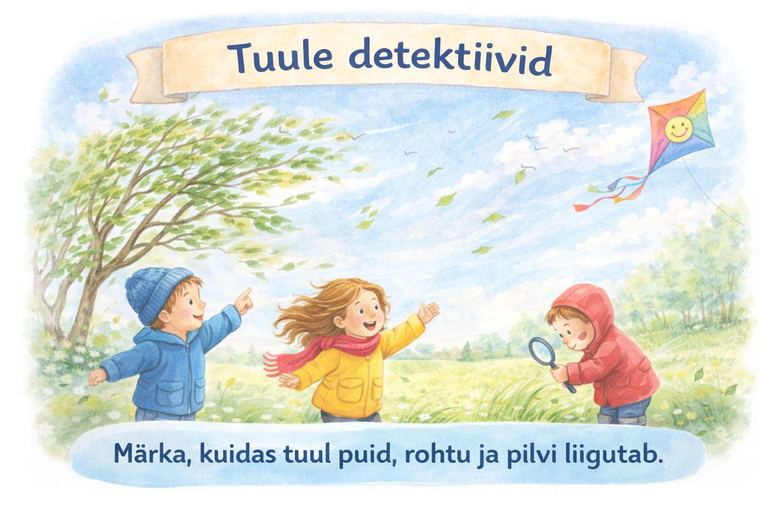 Lapsed mängivad õues tuule detektiive ja märkavad, kuidas tuul liigutab puid, rohtu ja tuulelohet