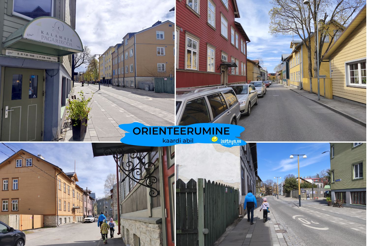 Lapsed ja lapsevanem liiguvad linnatänaval kaardi abil orienteerumismängus
