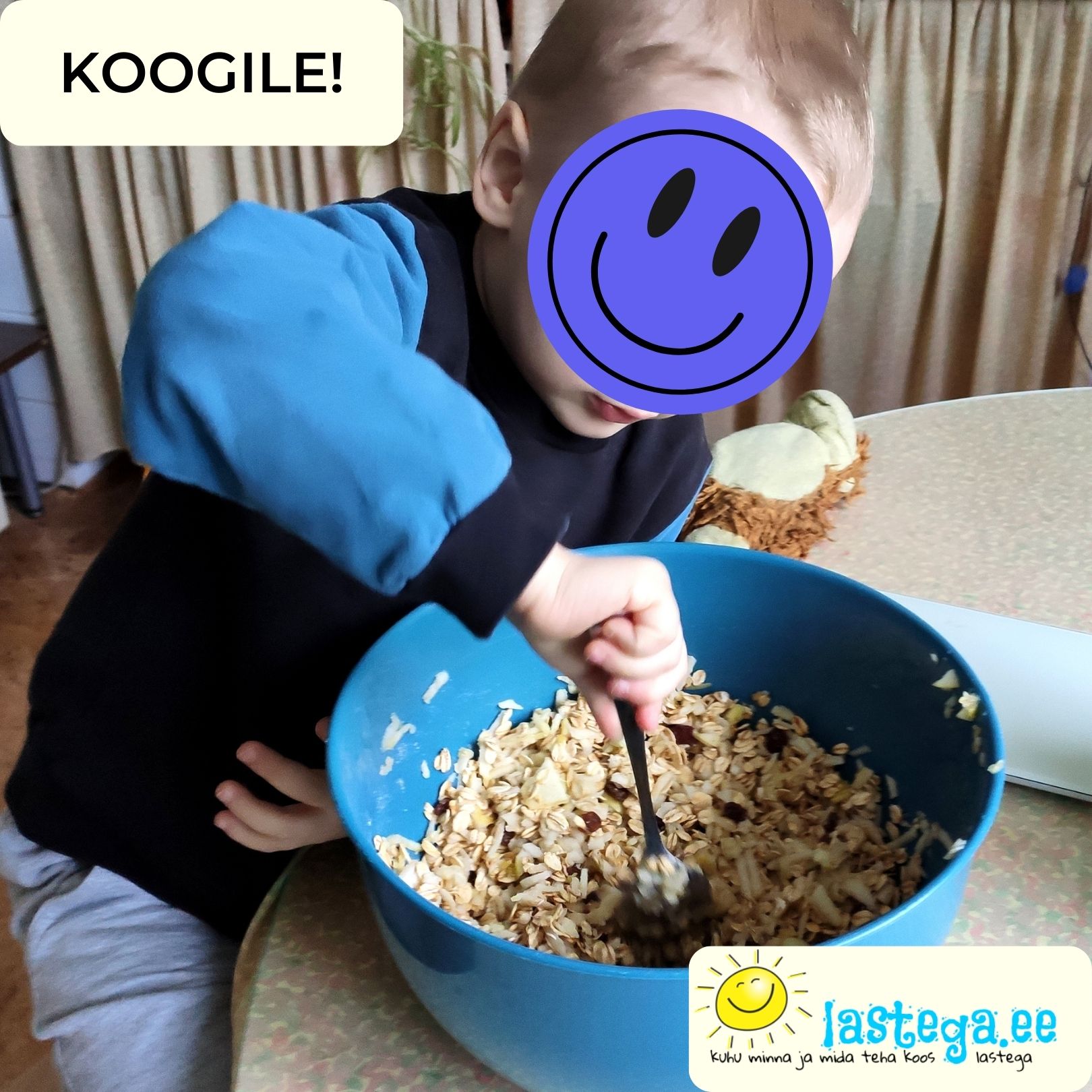 Autoril luuletust lapse koogi tegemisest illustreerib Lastega.ee foto kooki tegevast väikelapsest.